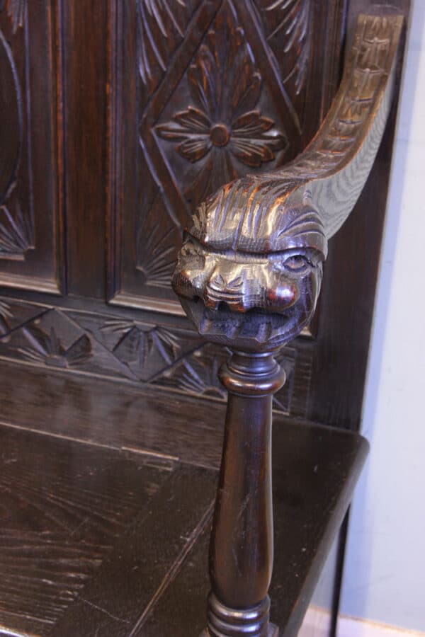 Antique Carved Oak Settle Bench Hall Seat - Image 5