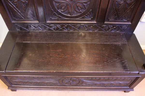 Antique Carved Oak Settle Bench Hall Seat - Image 7
