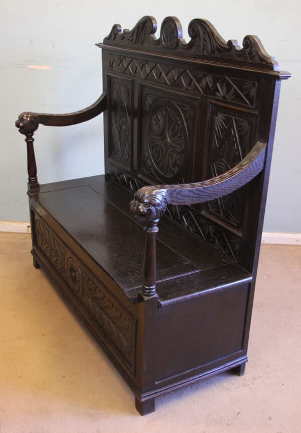 Antique Carved Oak Settle Bench Hall Seat - Image 8