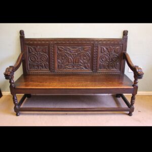 Antique Victorian Carved Oak Settle Hall Bench