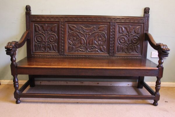 Antique Victorian Carved Oak Settle Hall Bench bench Antique Chairs 4