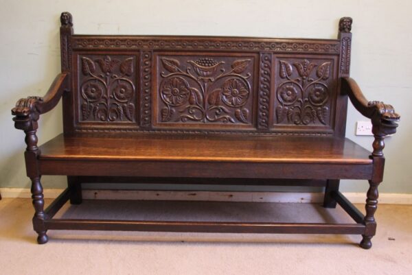 Antique Victorian Carved Oak Settle Hall Bench - Image 2