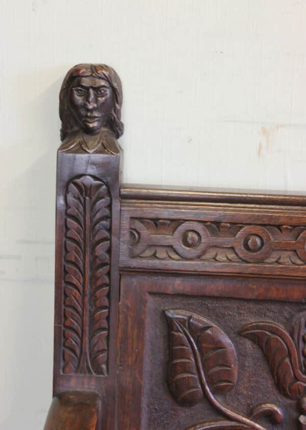 Antique Victorian Carved Oak Settle Hall Bench - Image 14