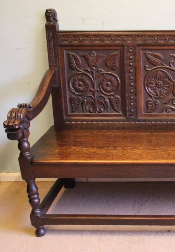 Antique Victorian Carved Oak Settle Hall Bench bench Antique Chairs 5