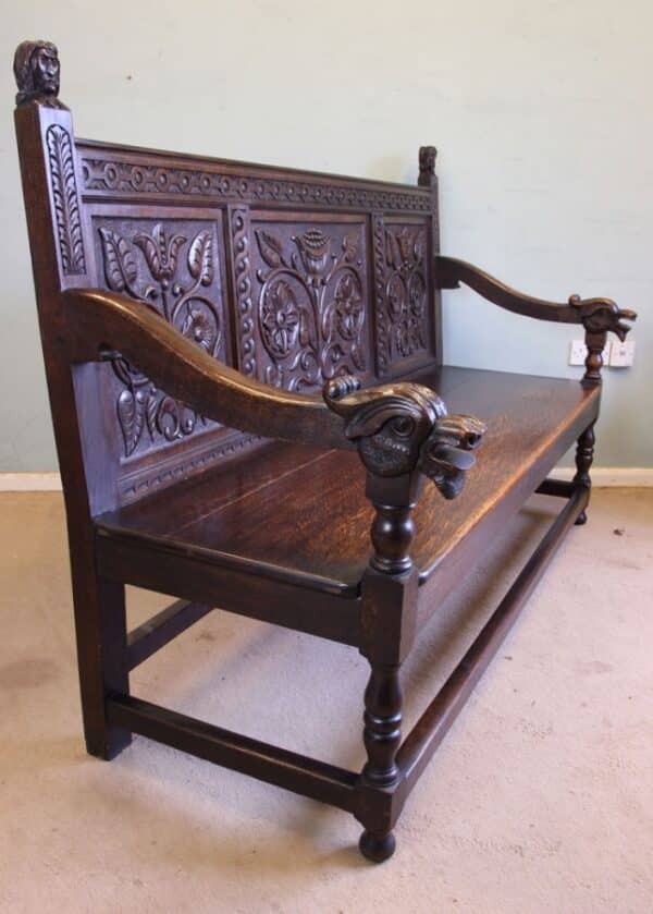 Antique Victorian Carved Oak Settle Hall Bench bench Antique Chairs 6