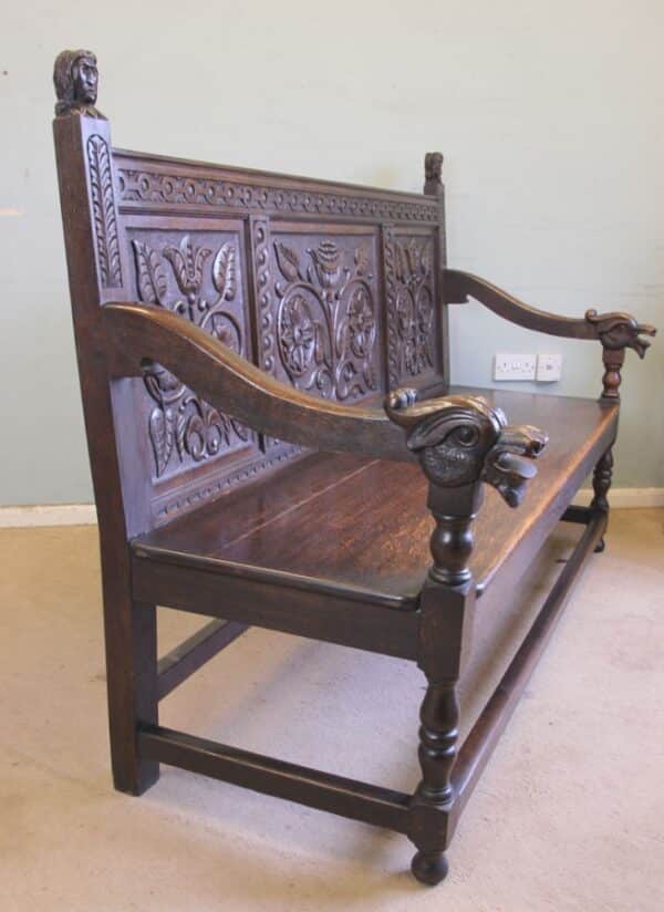 Antique Victorian Carved Oak Settle Hall Bench - Image 7