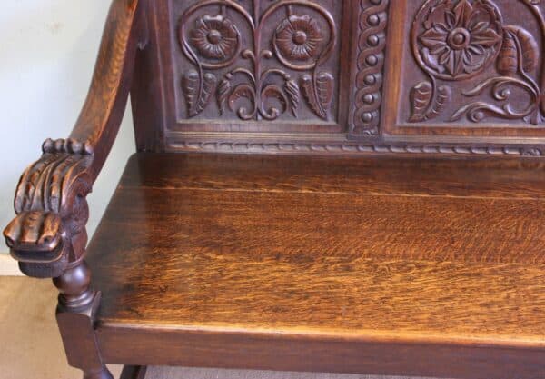 Antique Victorian Carved Oak Settle Hall Bench - Image 8