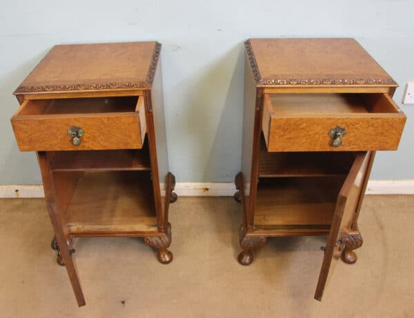 Antique Pair Burr Walnut Bedside Cabinets - Image 4