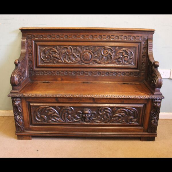Antique Victorian Carved Oak Settle Bench Hall Seat