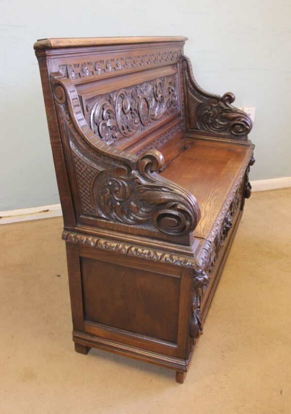 Antique Victorian Carved Oak Settle Bench Hall Seat - Image 9