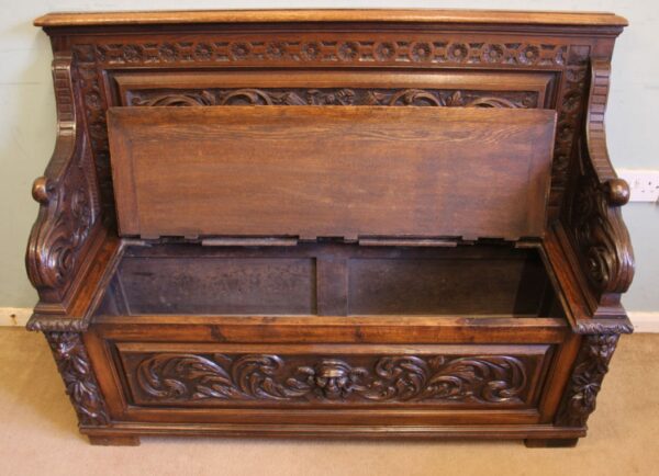 Antique Victorian Carved Oak Settle Bench Hall Seat - Image 10