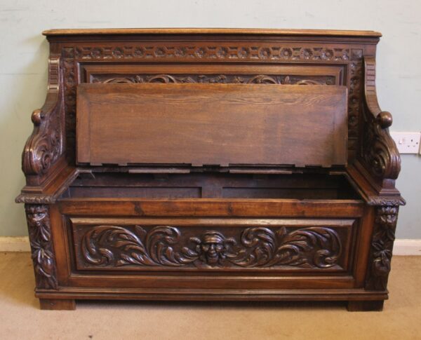 Antique Victorian Carved Oak Settle Bench Hall Seat Settle Antique Benches 13