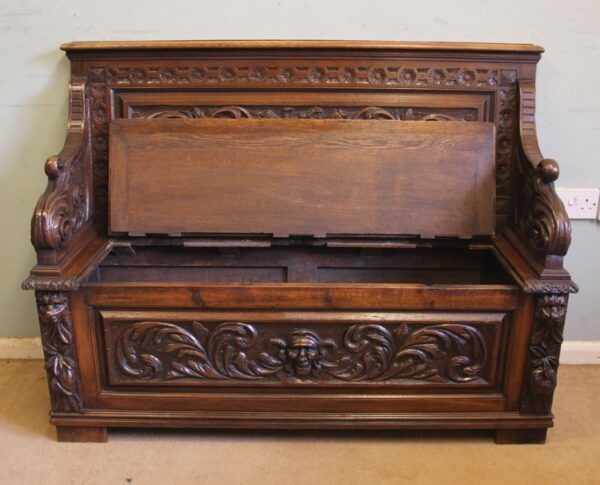 Antique Victorian Carved Oak Settle Bench Hall Seat - Image 11