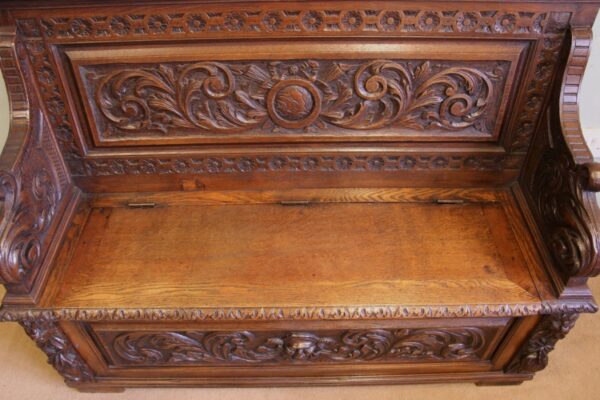 Antique Victorian Carved Oak Settle Bench Hall Seat - Image 7