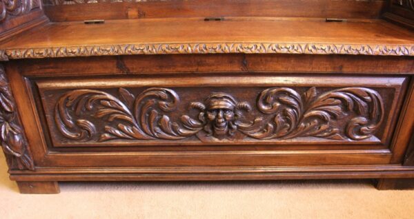 Antique Victorian Carved Oak Settle Bench Hall Seat - Image 8