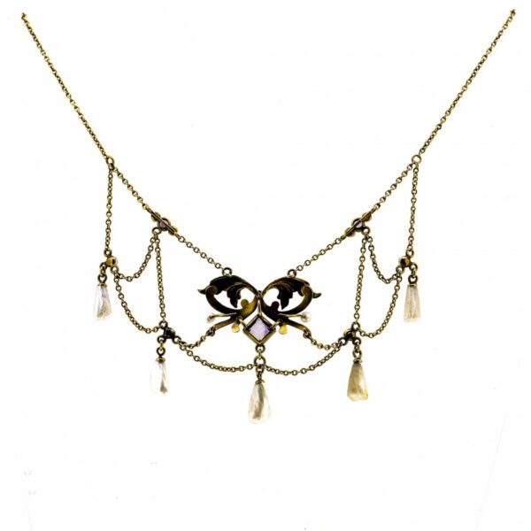 Art Nouveau Natural Pearl, Amethyst & Diamond Necklace Amethyst Antique Jewellery 4