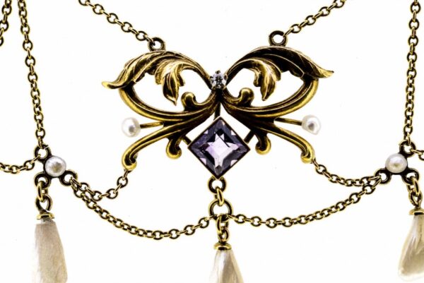 Art Nouveau Natural Pearl, Amethyst & Diamond Necklace Amethyst Antique Jewellery 5