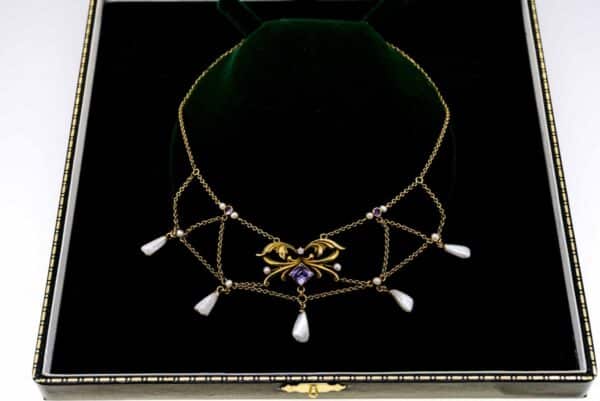 Art Nouveau Natural Pearl, Amethyst & Diamond Necklace Amethyst Antique Jewellery 7