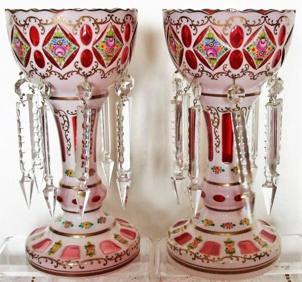 Garniture of Bohemian Overlay and Enamelled Glass Lustres and Vase Bohemian Vintage 7