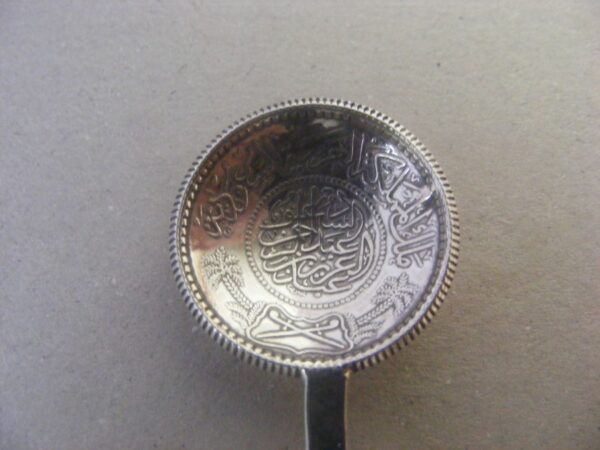 Rare Solid Silver Saudi Arabia Coin Spoon in original box 1935 Antique Silver 11