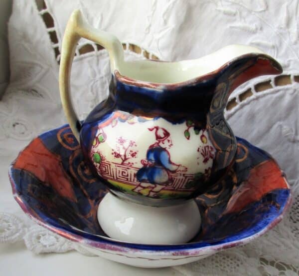 Antique Victorian Gaudy Welsh “Chinoiserie” Pattern Miniature Ewer and Basin Antique Antique Ceramics 4