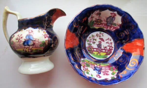 Antique Victorian Gaudy Welsh “Chinoiserie” Pattern Miniature Ewer and Basin Antique Antique Ceramics 10