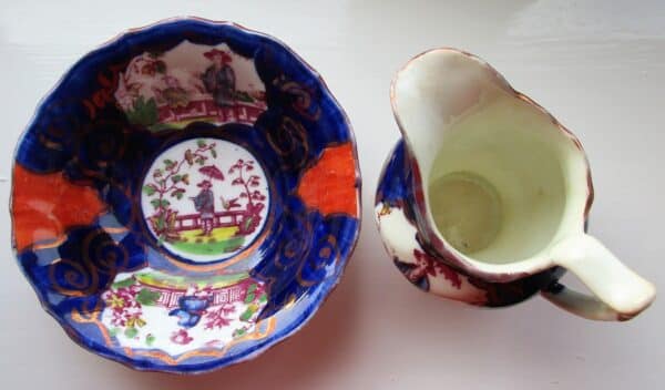 Antique Victorian Gaudy Welsh “Chinoiserie” Pattern Miniature Ewer and Basin Antique Antique Ceramics 11