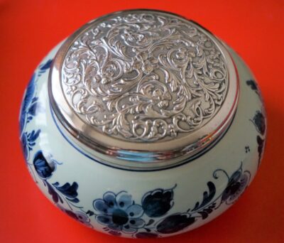 A Vintage Hand Painted DUTCH DELFT Floral BOWL With Ornate Silver Lid / Ideal Present