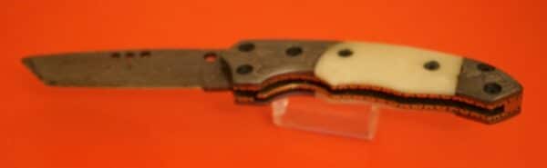 An As New Hand Made Damascus Bone Handle Folding Knife – Leather Sheath / Carbon Steel Blade / Collectable - Image 5