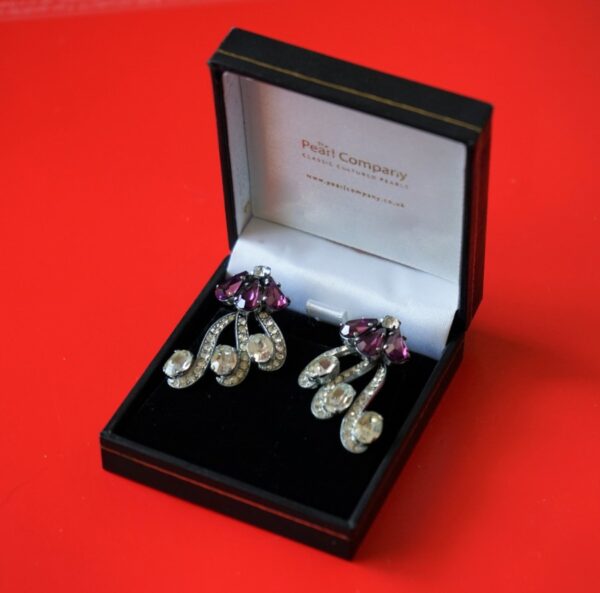 A Stunning Vintage Pair of Boxed Rhinestone Earrings – Birthday Gift / Present / Jewellery amethust Earrings, Rhinestone Earrings, Vintage Clip On Earrings Antique Jewellery 3