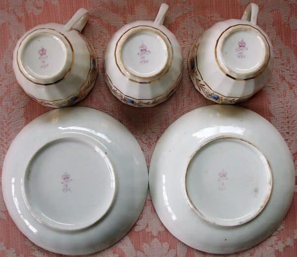 Pair of Antique English Georgian Derby Porcelain Tea Cups and Saucers ~ Pattern No. 596 ~ Puce Marks Antique Antique Ceramics 4