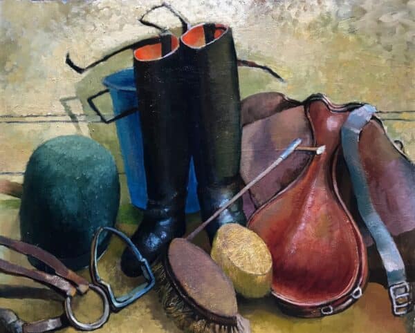 Original Oil On Board ‘The Tack Room’ by Norman Hoad 1923-2014. c.1965. There is a painting of a toy horse and figures on the reverse Equestrian Antique Art 5
