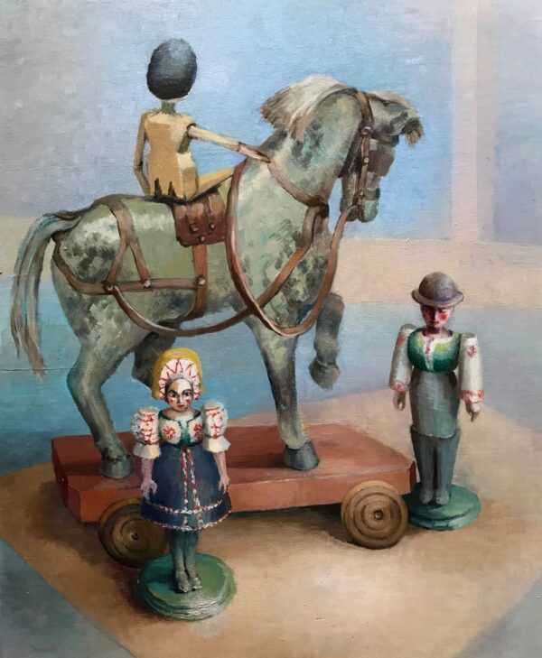 Original Oil On Board ‘The Tack Room’ by Norman Hoad 1923-2014. c.1965. There is a painting of a toy horse and figures on the reverse Equestrian Antique Art 7