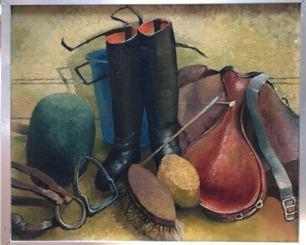 Original Oil On Board ‘The Tack Room’ by Norman Hoad 1923-2014. c.1965. There is a painting of a toy horse and figures on the reverse Equestrian Antique Art 3