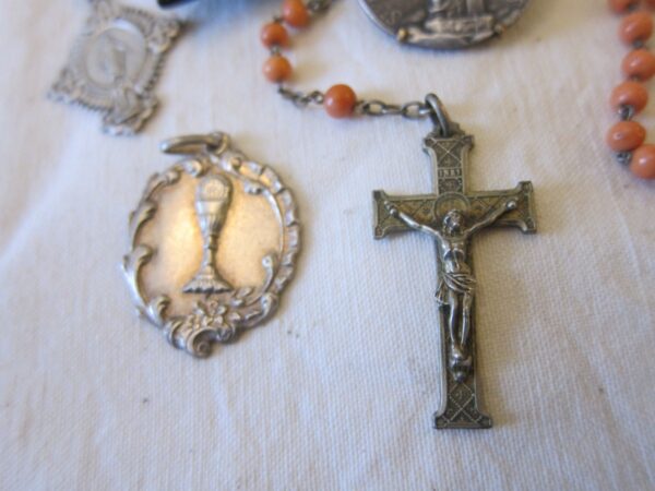 c.1910 Coral & Silver Rosary/Silver Brooch + 2 Silver Pendants - Image 3