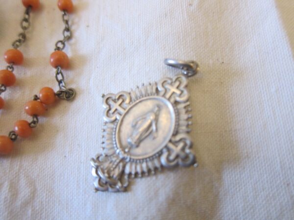 c.1910 Coral & Silver Rosary/Silver Brooch + 2 Silver Pendants - Image 4