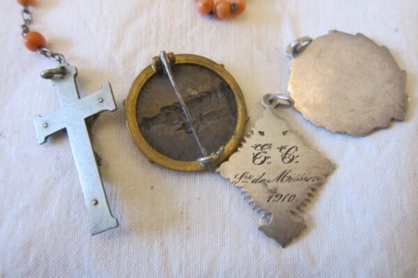 c.1910 Coral & Silver Rosary/Silver Brooch + 2 Silver Pendants antiquesilver Antique Jewellery 7