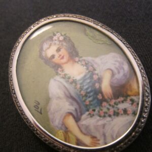 Antique French Silver & Marcasite Handpainted Oval Brooch brooch Antique Jewellery