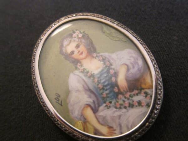 Antique French Silver & Marcasite Handpainted Oval Brooch brooch Antique Jewellery 3