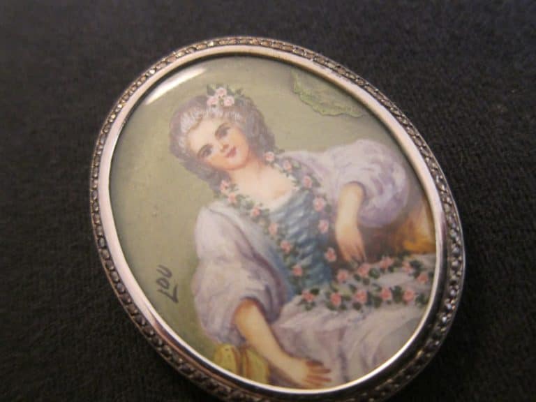 Antique French Silver & Marcasite Handpainted Oval Brooch