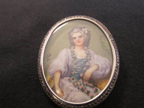 Antique French Silver & Marcasite Handpainted Oval Brooch brooch Antique Jewellery 4