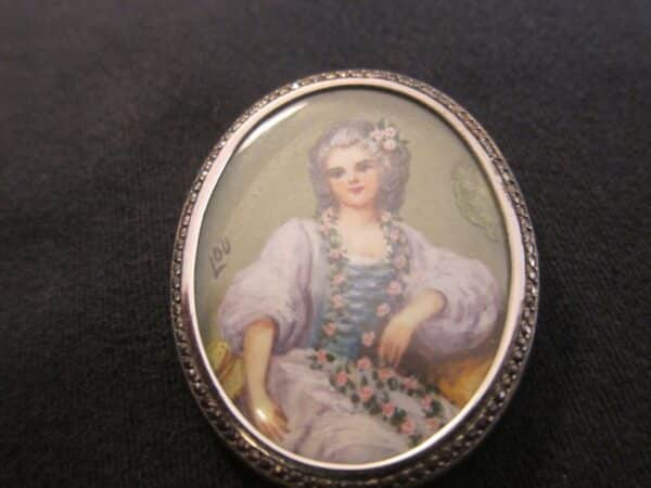 Antique French Silver & Marcasite Handpainted Oval Brooch - Image 2