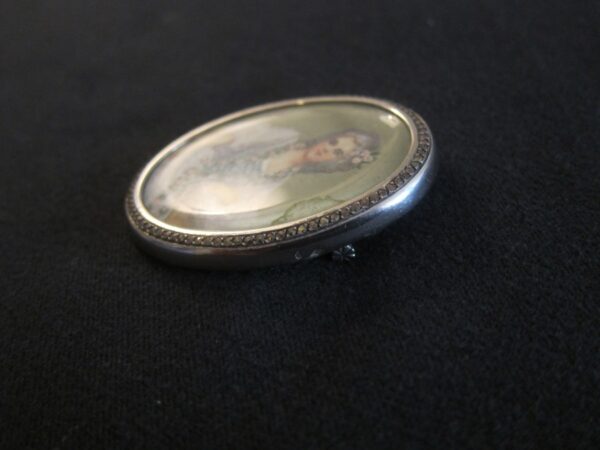 Antique French Silver & Marcasite Handpainted Oval Brooch - Image 6