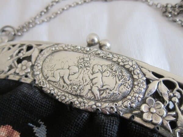 Antique Italian”Fratelli Coppini” Silver & Petite Point Opera Purse doves Antique Textiles 7