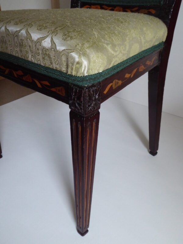 Rare set of 4 marquetry chairs circa 1780 - Image 3