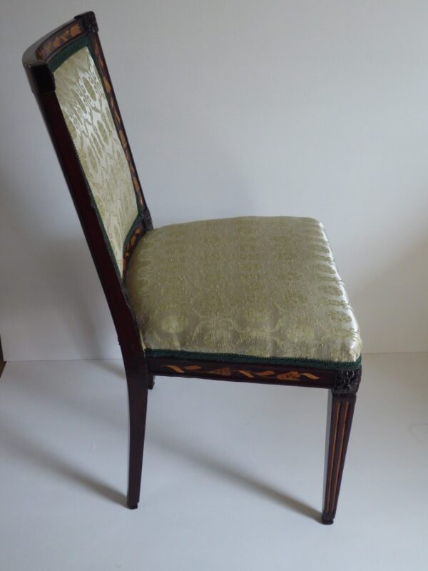 Rare set of 4 marquetry chairs circa 1780 - Image 5