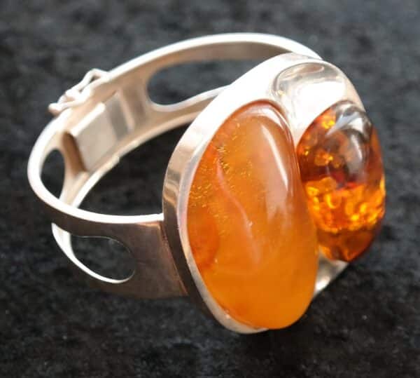 SALE - An Unusual Large Vintage Silver Baltic Amber Bangle - Ideal Gift / Birthday Present
