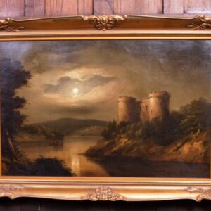 Scottish Castle Landscape Oil Painting 19th Century By Follower Of Alexander Nasmyth 1758-1840 Antique Art