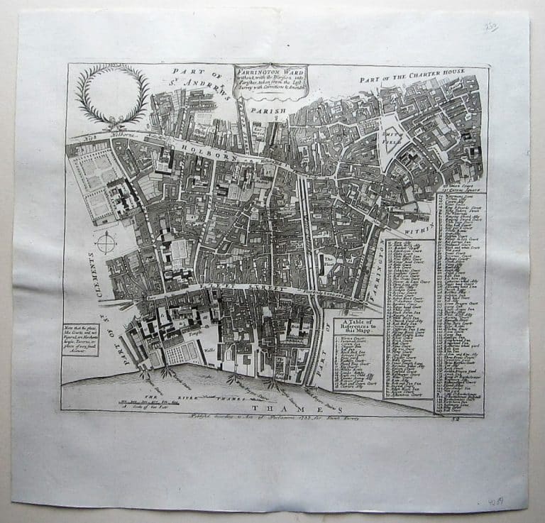 A charming 18th century map of the area around Holborn, Temple Bar, Lincoln’s Inn, Smithfield, Dr. Johnson’s Court and St. Bartholomew’s Hospital