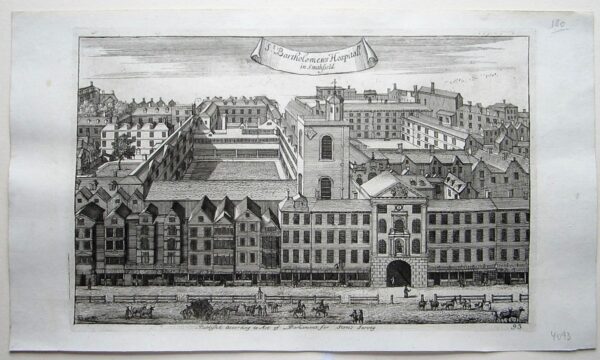 An attractive antique view of St. Bart's Hospital.